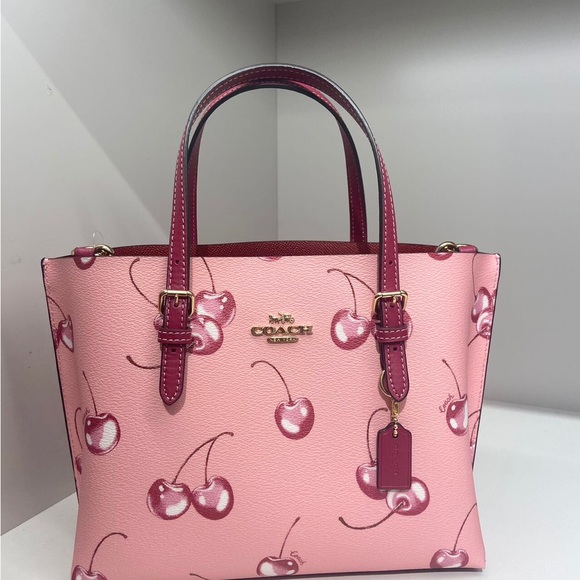Coach Flower Pink/Bright Violet Mollie Tote Bag 25 With Cherry Print #CR293 - Picture 2 of 7